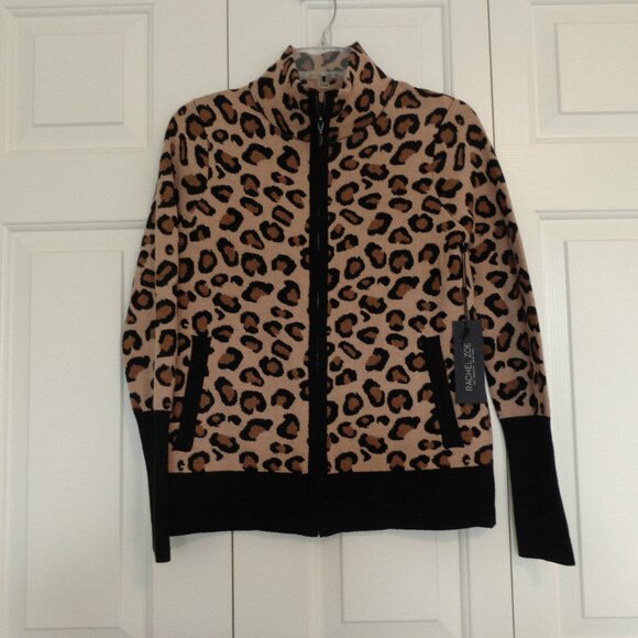 New! Rachel Zoe Womens Cardigan‎ Sweater Cheetah Print Zip Pockets Jacket Sz XS - Picture 1 of 7